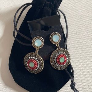 Door knocker earrings with Swarovski crystals and beads, red, pale green & blue